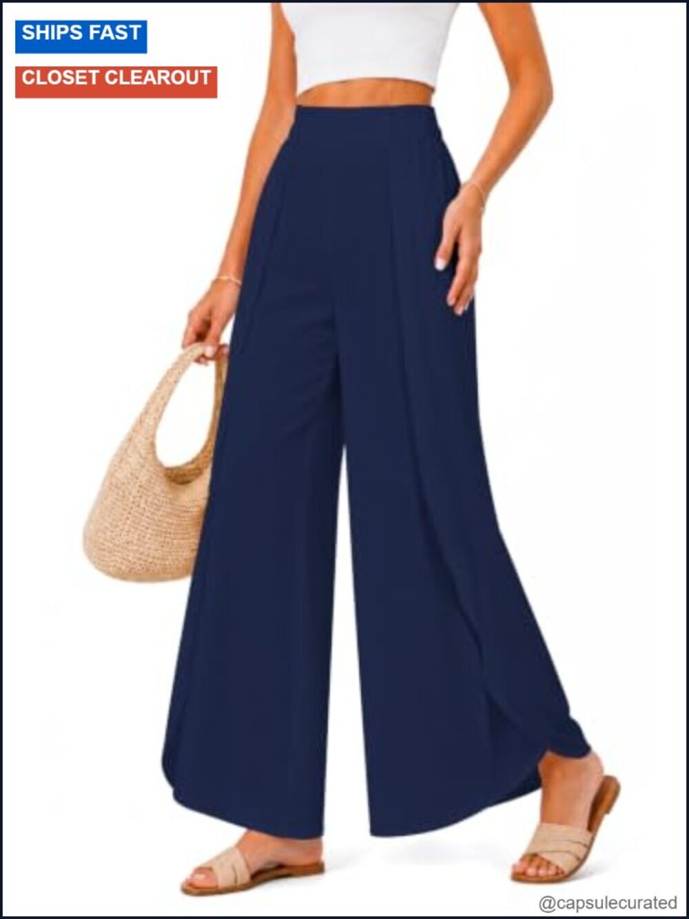 High Waisted Wide Leg Palazzo Pants with Pockets Side Split Beach Trousers